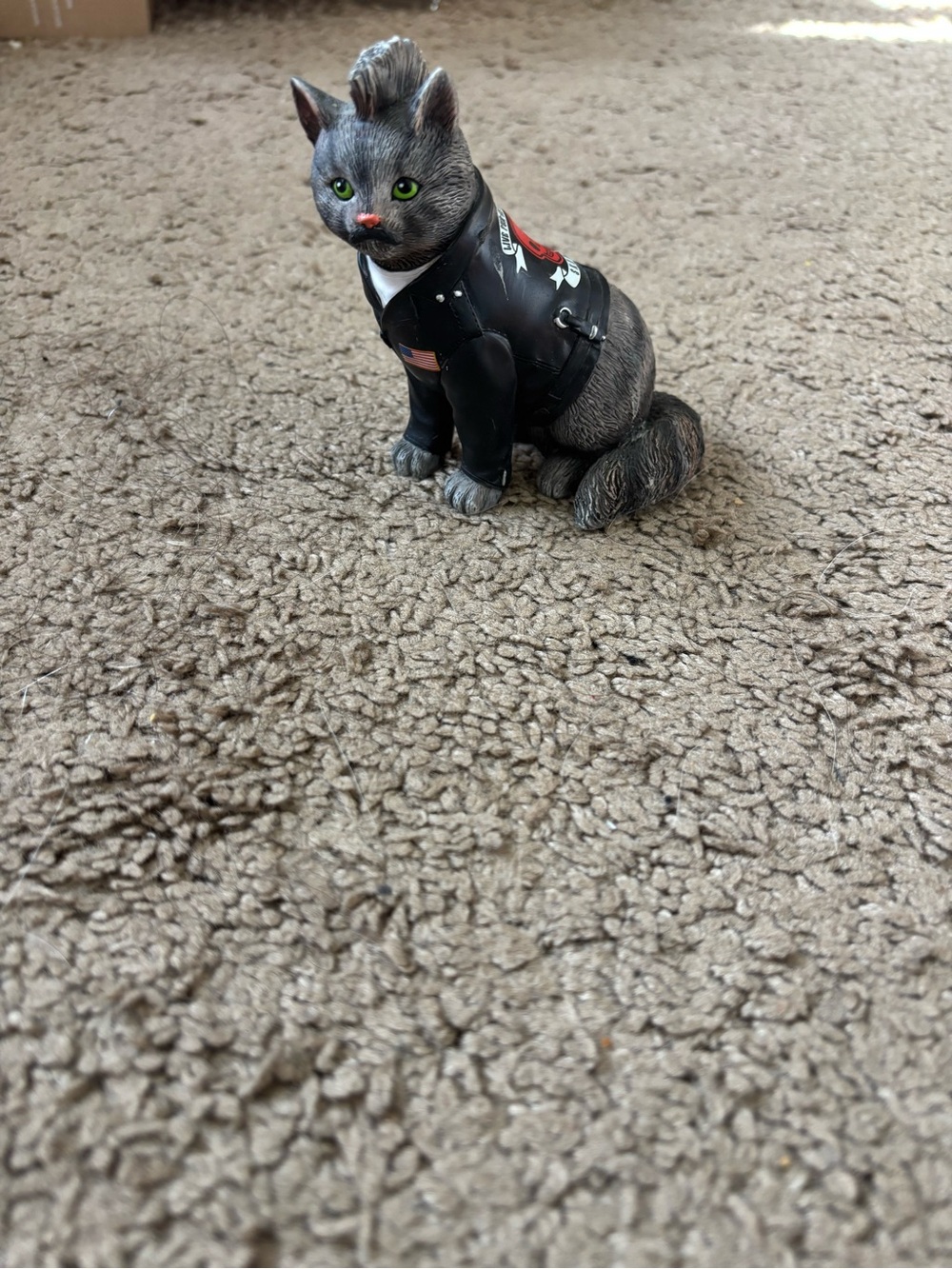 Gray Cat Figurine in Black Biker Jacket